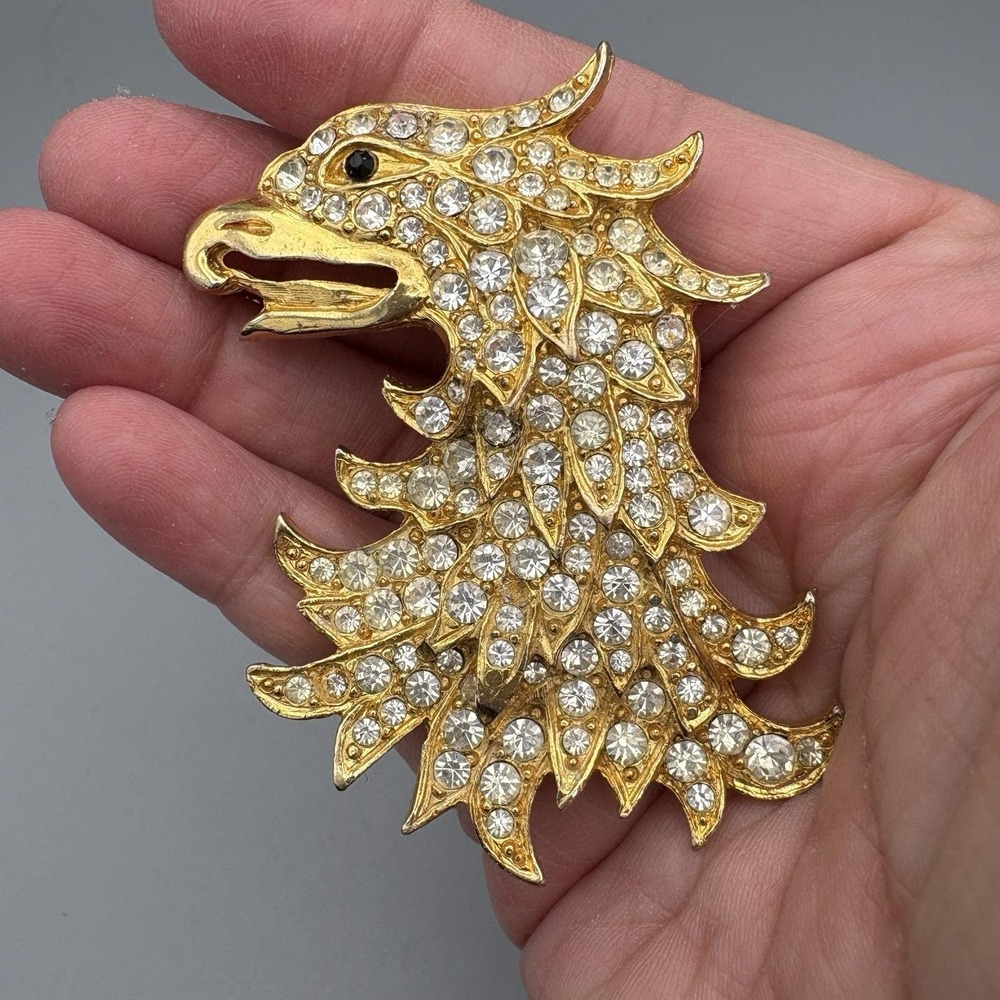 RARE Cadoro Brooch Griffin Winged Lion Rhinestone Heraldic 24K Gold Plate